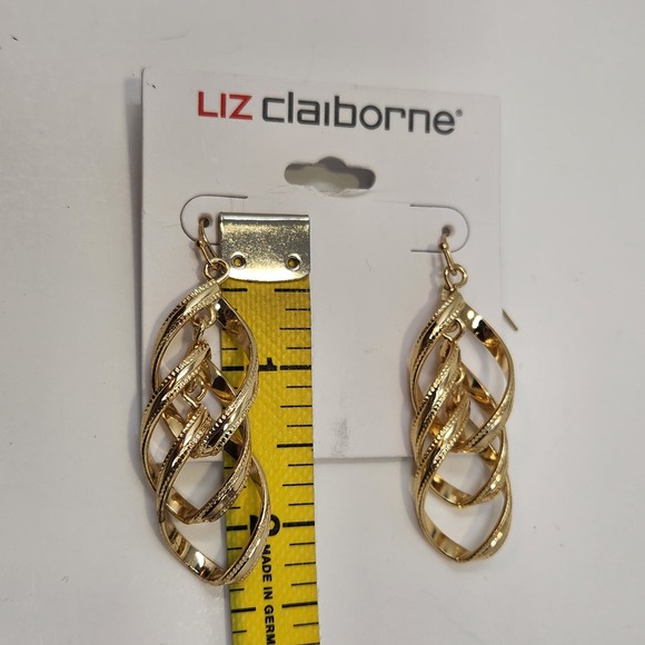 Liz Claiborne Shiny Gold Tone Dangle Drop Hook Earrings Pierced Statement New - Picture 4 of 4